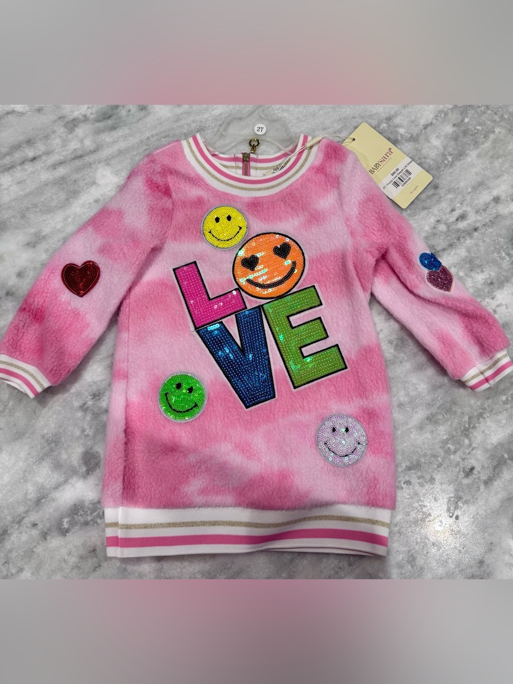 Baby Sara Girls' Pink Fuzzy Pullover Dress with Sequin LOVE & Smiley Patches